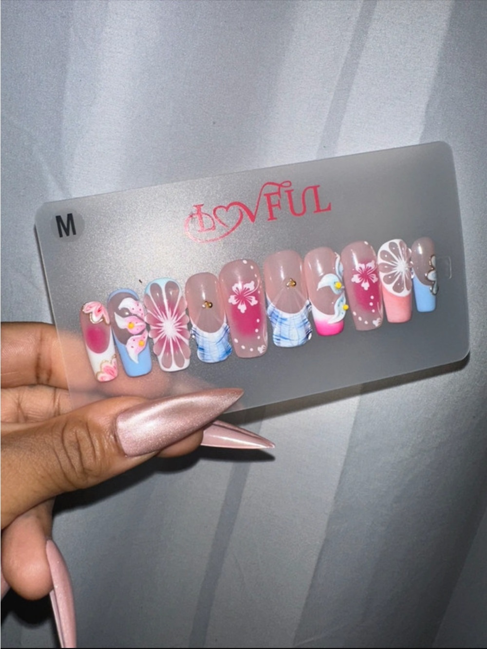 Floral Pink & Blue Press-On Nail Set — Cute Garden Design